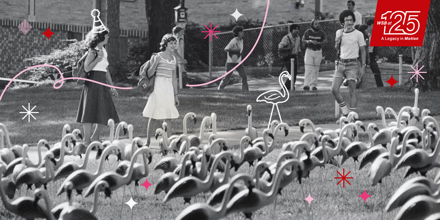 Black and white image of students and flamingos on Bascom Hill