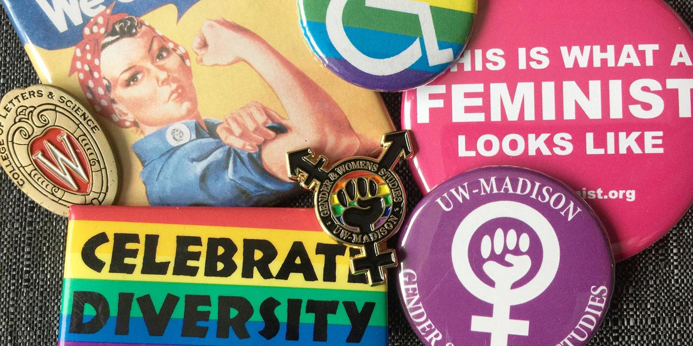 Collage of pins regarding the Gender and Women Studies program