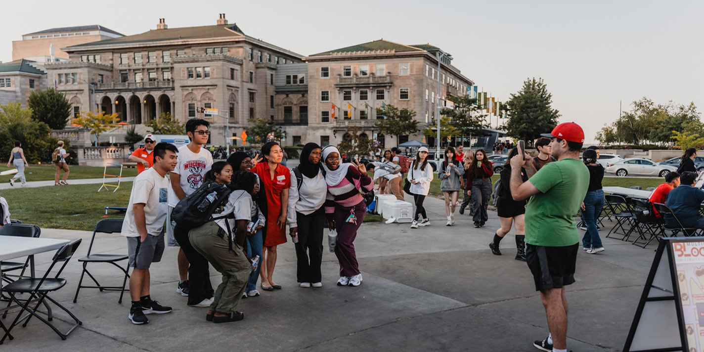 Students posing for a picture on Library Mall