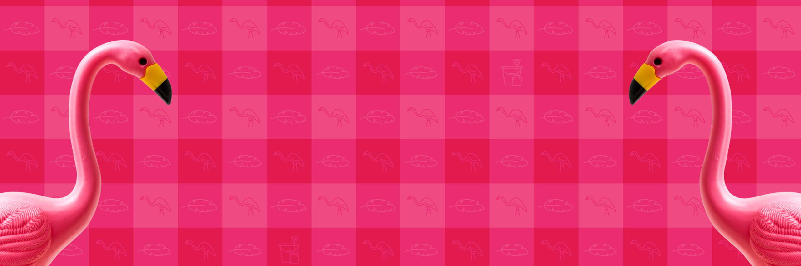 Two plastic lawn flamingos in the foreground with a gingham pink and light pink background.