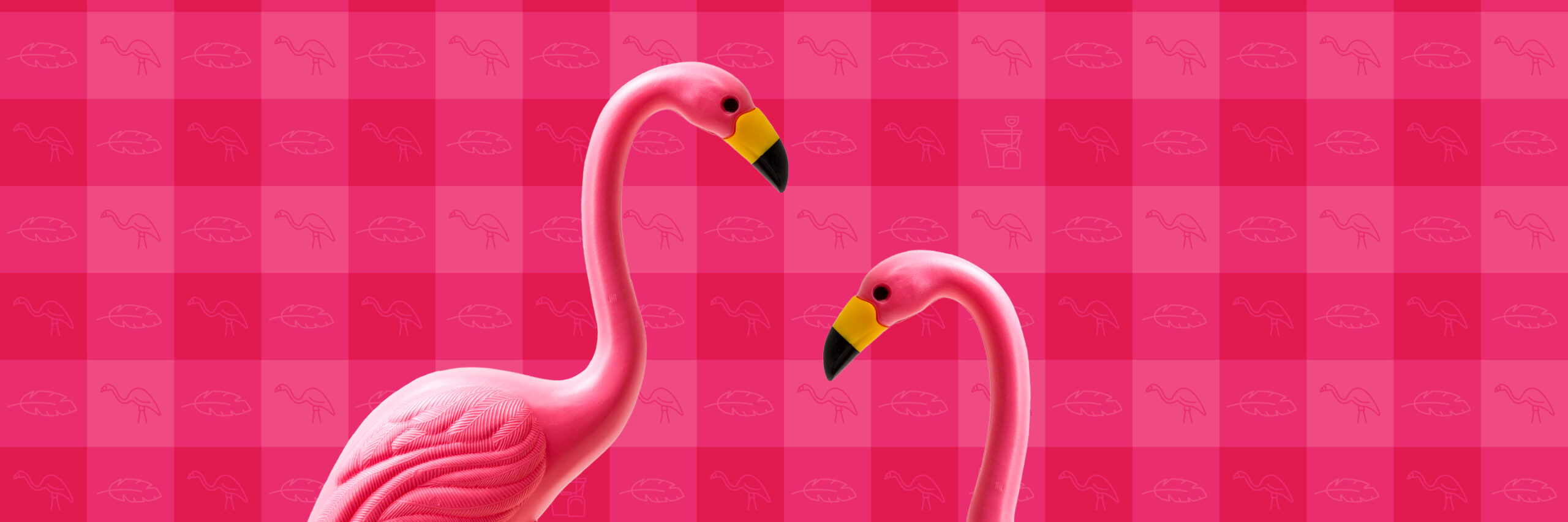 Two plastic lawn flamingos in the foreground with a gingham pink and light pink background.