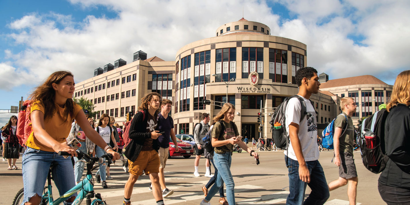 Students walking outside of the Wisconsin School of Business building